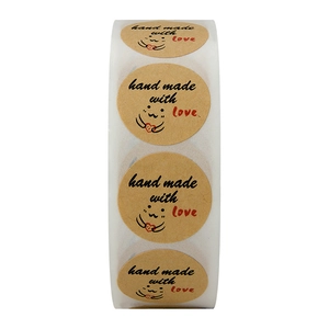 1 inch round brown Kraft paper stickers with Hand Made With Love text in roll form
