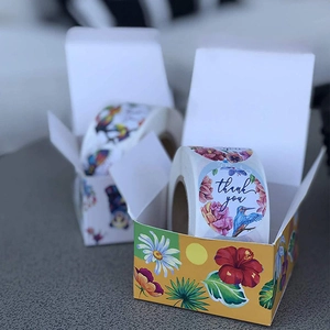 Floral bird thank you stickers roll with colorful botanical designs and gift box