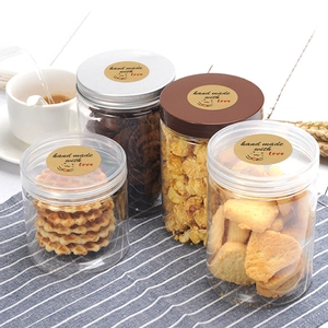 Set of clear PET food jars with Hand Made with Love round labels for snack storage