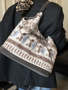 Retro plush tote bag with geometric prints and brown leather straps for daily casual use