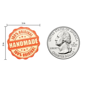 1-inch orange round handmade labels next to a quarter coin for size reference