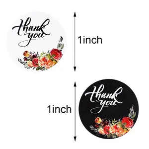 Bloemen Thank You stickers rol in zwart en wit ontwerpen, 1 inch 2.5cm diameter groot