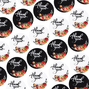 Florale Thank You stickers in zwart en wit voor verpakkingsdecoratie