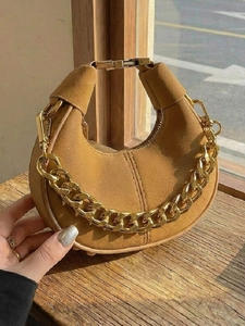 Women's Mini Crescent Hobo Bag PU Leather Shoulder Bag With Gold Chunky Chain Fashionable Versatile Hobo Crossbody Bag Daily Handbag