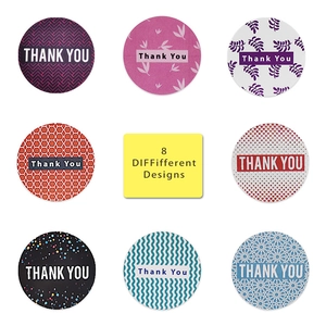 Roll of 8 different floral and geometric designs round thank you adhesive seal stickers