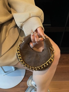 Chic dark brown suede handbag with chunky gold chain and leather handle for women