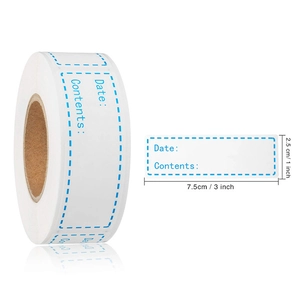 Waterproof food storage stickers with blue borders, 3x1 inch roll for fridge labels
