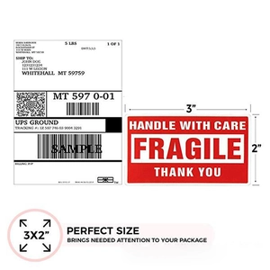 Red 2x3 inch fragile shipping labels with Handle With Care text for packaging boxes