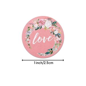 Pink floral wreath adhesive seal stickers with love script for gift packaging and envelopes