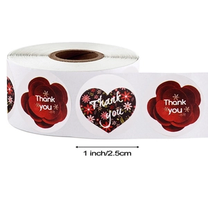 Floral roll stickers with red patterns and Thank You text for gift packaging sealing