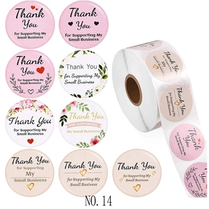 Macro view of assorted floral wreath Thank You stickers for small business packaging