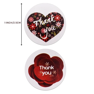1-inch floral thank you stickers featuring red roses and heart patterns on a white background