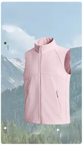 Detail of pink outdoor vest showing breathable collar holes and invisible zip pockets