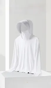 Detail of white sun protection jacket with hood, face mask, and thumbhole sleeves