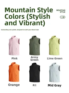 Detail showcasing six colorful outdoor sports vests with stand collar and zipper pockets