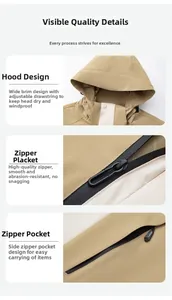 Details der khakifarbenen Outdoor-Jacke mit verstellbarer Kapuze und Reißverschlusstaschen
