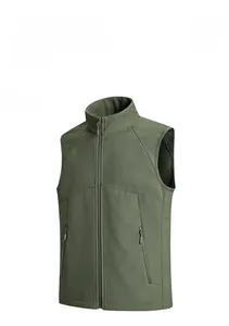 Detail of army green outdoor vest showing breathable mesh lining and stand collar zipper