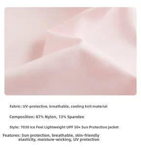 Detail of UPF 50+ sun protection fabric with breathable mesh and 87% nylon material