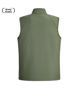Back view of army green outdoor vest showing high-stretch grid fabric and stand collar