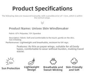 Technical chart of UPF 50+ sun protection jacket showing fabric and breathability