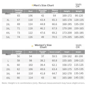 Detailed size chart for men and women ice silk sun protection clothing measurements