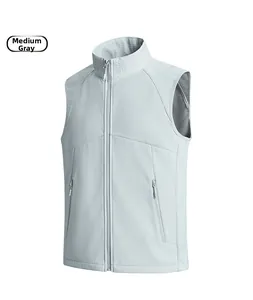 Detail of medium grey stand collar vest with laser-cut breathability holes and zipper