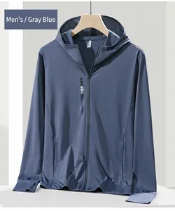 Close-up of sun protection hoodie with thumbholes and UPF 50+ logo on breathable fabric