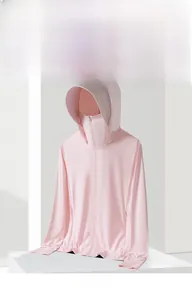 Detail of ice mist pink sun protection jacket with hood and extended sleeve cuffs