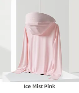 Close-up of Icy Mist Pink lightweight UPF50+ sun protection fabric with hooded detail