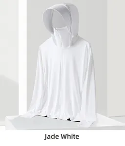 Detail of Jade White sun protection jacket with hood, face cover and finger hole cuffs