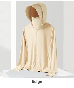 Close-up of rice coffee sun protection jacket with hood, face mask and thumbholes