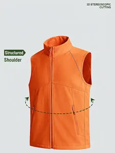 Vibrant orange high-stretch grid fleece vest with stand collar and 3D tailored fit
