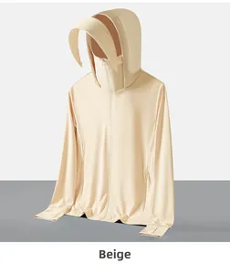 Détails du sweat à capuche anti-UV beige avec large bord, masque et passe-pouces