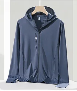 Detailed view of grey blue UPF 50+ sun protection jacket with hood and breathable fabric