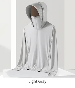 Detail view of light grey sun protection jacket with hood, face mask, and thumb holes