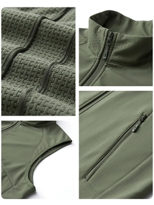 Olive green outdoor functional vest with stand-up collar and grid texture fabric