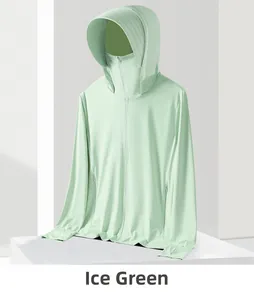 Detail of ice green sun protection jacket with integrated face mask and hood design