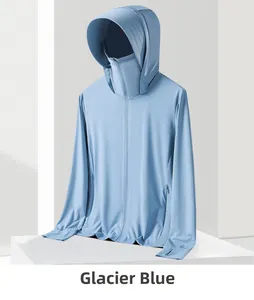 Detail view of glacial blue sun protection jacket featuring built-in face mask and thumbholes