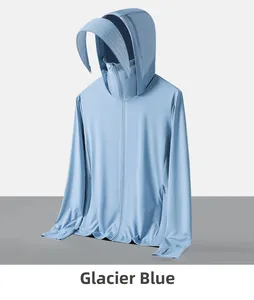 Détails de la veste anti-UV bleu glacier avec large bord et trous pour les pouces