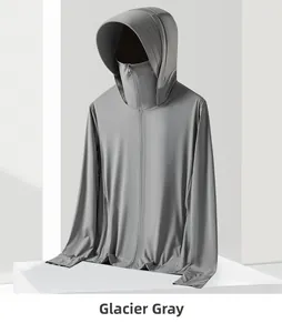 Detail of Glacier Grey sun protection jacket with full face hood and breathable fabric