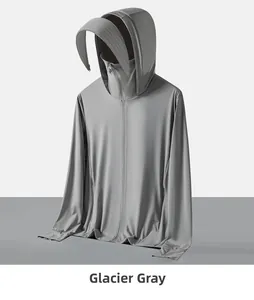Détail de la veste solaire rafraîchissante Gris Glacier avec capuche et masque facial