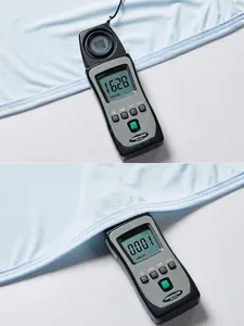 UPF50+ ice silk sun protection clothing showing UV blocking test with light blue fabric