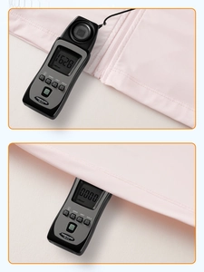 Pink UPF50+ sun protection jacket showing UV radiation test results for sunshade efficiency