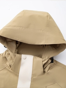 Waterproof 3-in-1 hiking jacket with khaki shell and detachable fleece hood details