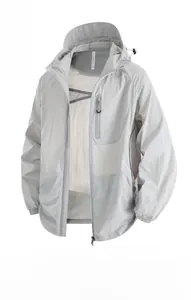 Detail of light gray UPF50+ sun protection jacket showing zipper pocket and breathable mesh