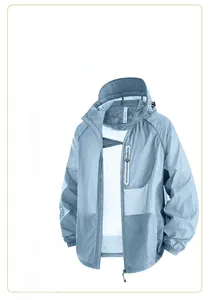 UPF 50+ light blue sun protection jacket with hood and functional zip chest pocket