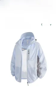 Detail of light blue sun protection jacket showing breathable gray mesh stitching and side pocket