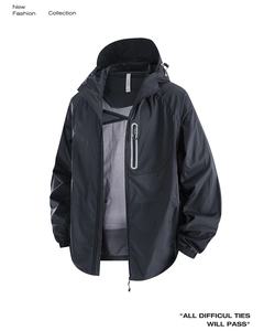 Detail of black UPF50+ sun protection jacket featuring breathable mesh lining and hood