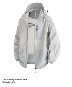 Detailed view of light gray UPF50+ sun jacket with chest pocket and mesh lining