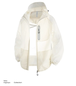 Detail of white UPF50+ sun protection jacket featuring breathable fabric and zipper pocket
